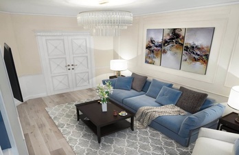 Светлая гостиная с синим диваном и картиной