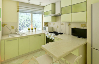 Светло-зелёная кухня с окном